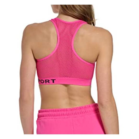 DKNY Womens Sports Bra Small Pink Racerback Logo Mesh Panel Seamless NWT - Picture 2 of 11